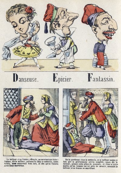 Letter D, E en F: danser, kruidenier en infanterie. Alfabet van het Oosterse Verhaal. Imaging van Epinal, circa 1890. Populaire serie. door Unbekannt