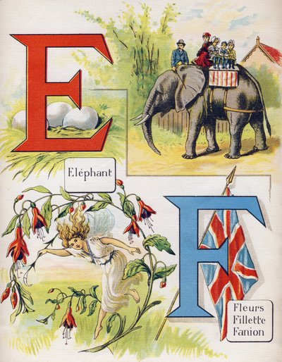 Letter E en F: olifant en bloemen, meisje, vaandel. Gravure in "ABC L