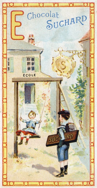 Letter E: school, kinderen, schommel, badge, bord, ingang, ladder, schooljongen. Gravure van het Alfabet uitgegeven door Chocolat Suchard, begin 20e eeuw. 24 chromolithografieën. door Unbekannt