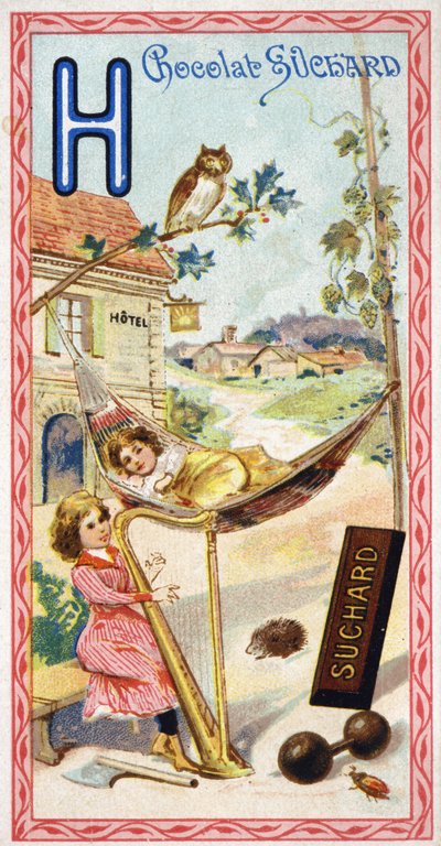 Letter H: hotel, uil, hangmat, harp, bijl, egel, hop, halters, chabbing, gehucht (uit Alphabet) door Unbekannt