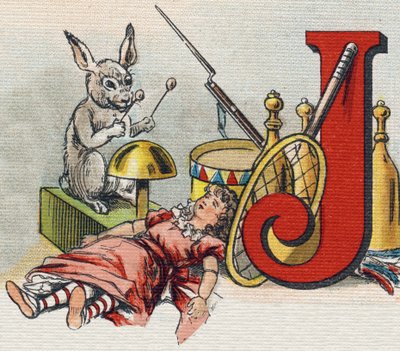 Letter J: speelgoed. Gravure in "Alphabet de ma petite fille". Bernardin-Bechet en Fils, boekhandel-uitgevers, Parijs, rond 1895. Onbreekbaar album op canvas. Bibliotheek des Bebes. 12 pagina