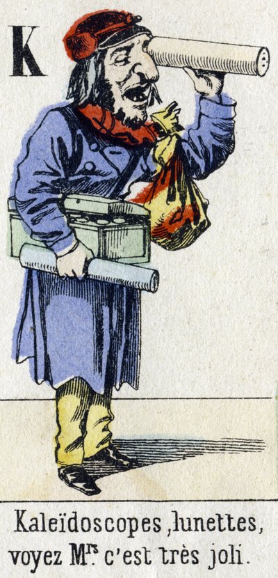 Letter K: "Kaleidoscopen, glazen, zie mevrouw, het is erg mooi." Alfabet "Kinderplezier". Beeldvorming van Epinal, circa 1890. Populaire serie. Klein boekje van 8 pagina