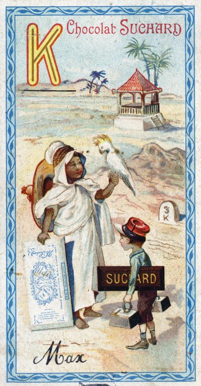 Letter K: Kabyle, kepi, kilogram, kakatoes, kiosk, kilometer. Gravure van het Alfabet uitgegeven door Chocolat Suchard, begin 20e eeuw. door Unbekannt