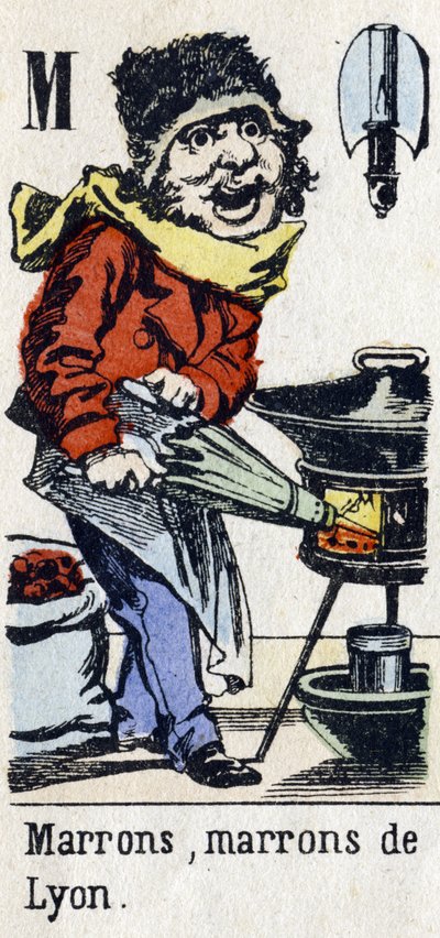 Letter M: "Bruin, Bruin van Lyon". Alfabet "Kinderplezier". Beeldvorming van Epinal, circa 1890. Populaire serie. Klein boekje van 8 pagina