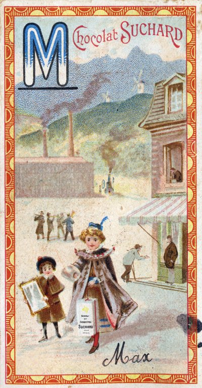 Letter M: berg, spiegel, machine, fabriek, jas, bedelaar, molen. Gravure van het Alfabet uitgegeven door Chocolat Suchard, begin 20e eeuw. 24 chromolithografieën die plaatsen, personages en objecten voorstellen om in het beeld te ontdekken door Unbekannt