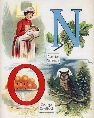 Letter N en O: verpleegster, hazelnoot, sinaasappels en oor. Gravure in "ABC L