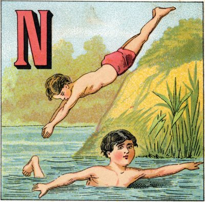Letter N voor zwemmen. Gravure in 