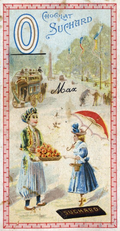 Letter O: omnibus, ottomaan, paraplu, oriflamme, sinaasappel, obelisk, beer. Gravure van het Alfabet uitgegeven door Chocolat Suchard, begin 20e eeuw. 24 chromolithografieën die plaatsen, personages en objecten voorstellen om in het beeld te ontdekken door Unbekannt