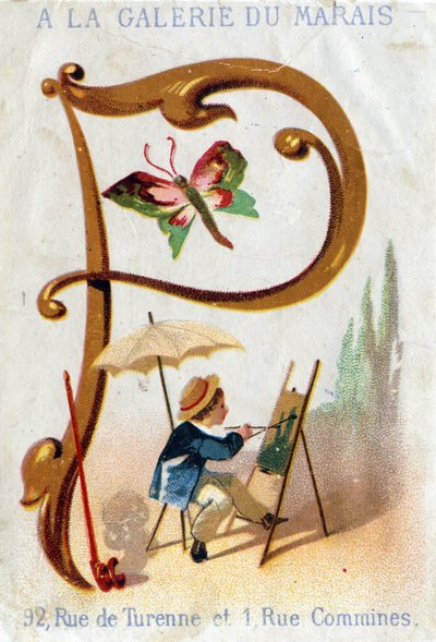 Letter P: schilder, vlinder, parasol, pijp. Alfabet Art Nouveau: Serie van 25 reclamechromolitho
