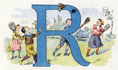 Letter R: Vliegende Raket. Alfabet van Phosphatine Falieres. Gravure. Brevete alfabet S.G.D.G. door apotheker Pierre Emile Falieres. Illustraties in chromolithografie, eind 19e eeuw. door Unbekannt