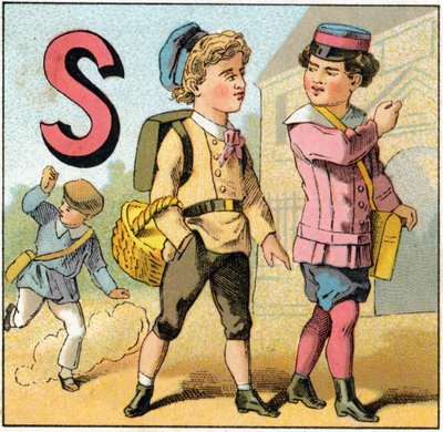 Letter S als schoolverlaten. Gravure in 