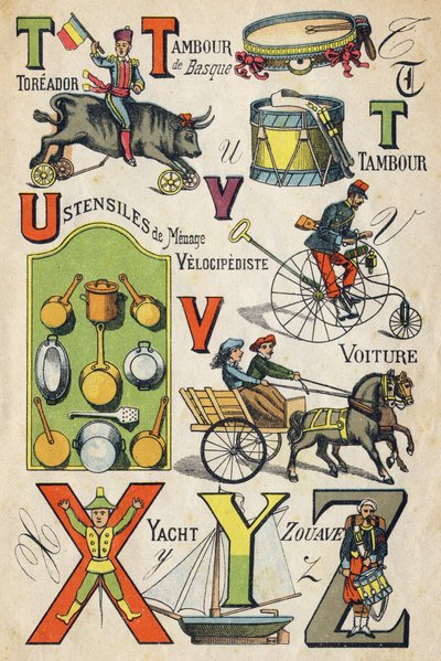 Letters T, U, V, X, Y en Z. Gravure in "ABC Speelgoed". Epinal beeldvorming in chromolithografie, circa 1890. Klein boekje van 8 pagina
