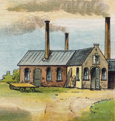 Letter U: Fabriek. Gravure in "Alphabet de ma petite fille". Bernardin-Bechet en Fils, boekhandel-uitgevers, Parijs, rond 1895. Onbreekbaar album op canvas. Bibliotheek des Bebes. 12 pagina