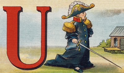 Letter U: uniform. Gravure in "Alphabet de ma petite fille". Bernardin-Bechet en Fils, boekverkopers-uitgevers, Parijs, rond 1895. Onbreekbaar album op canvas. Bibliotheque des Bebes. 12 pagina