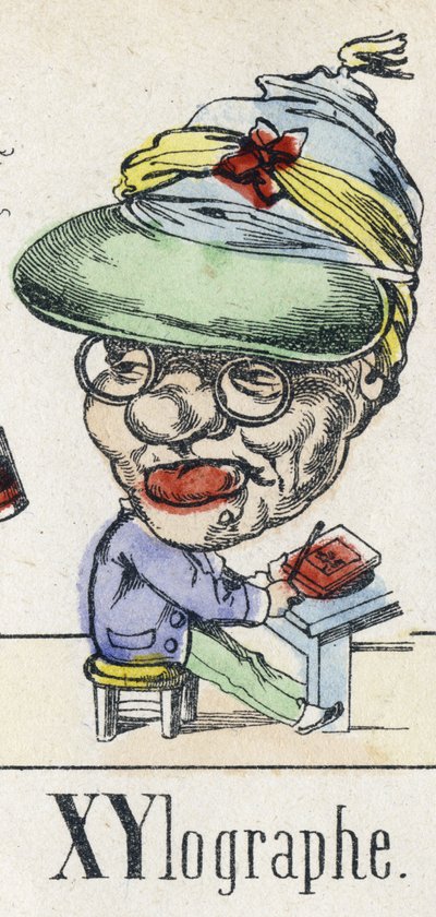 Letter X en Y: xylograaf. Alfabet van het Oosterse Verhaal. Imaging van Epinal, circa 1890. Populaire serie. door Unbekannt