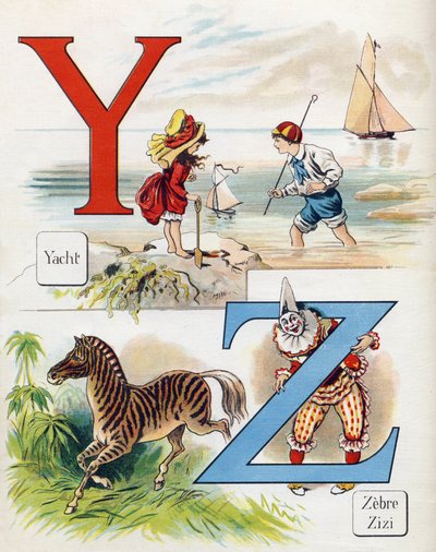 Letter Y en Z: Jacht, zebra en Zizi de clown. Gravure in "ABC L