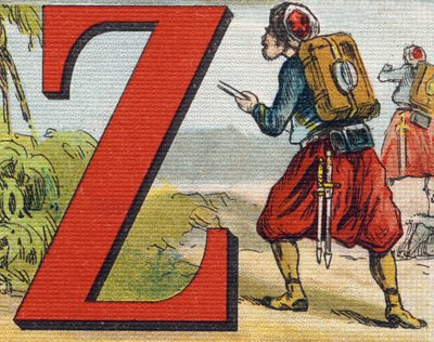 Letter Z: Zouaaf. Gravure in "Alphabet de ma petite fille". Bernardin-Bechet en Fils, boekhandel-uitgevers, Parijs, rond 1895. Onbreekbaar album op canvas. Bibliotheek van de baby