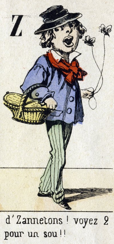 Letter Z: "door Zannetons! Zie 2 voor een cent!!" Alfabet "Kinderplezier". Beeldvorming van Epinal, circa 1890. Populaire serie. Klein boekje van 8 pagina
