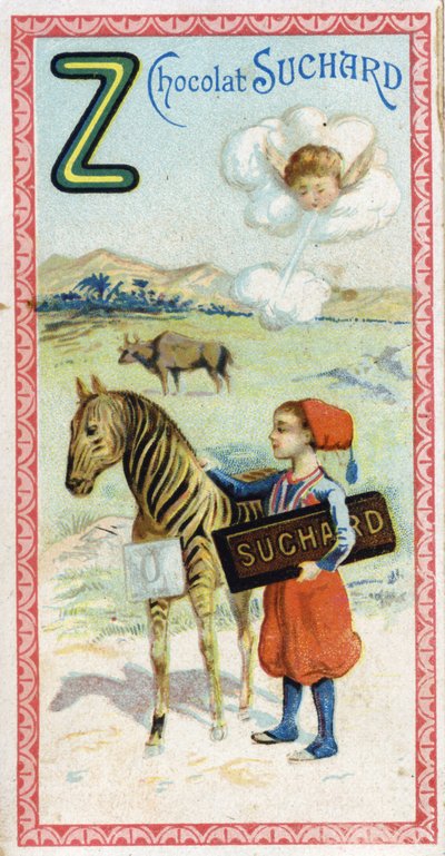 Letter Z: zefier, zouaaf, zebu, zebra, nul. Gravure van het Alfabet uitgegeven door Chocolat Suchard, begin 20e eeuw. 24 chromolithografieën. door Unbekannt