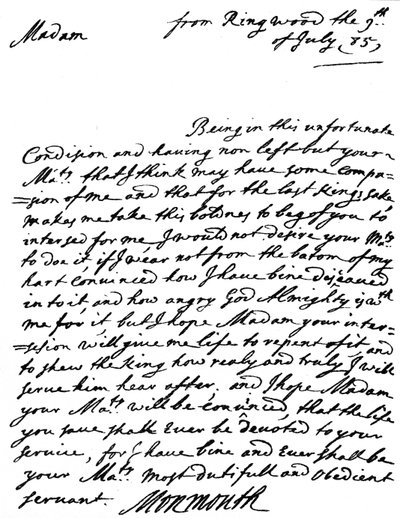 Brief waarin om genade wordt gesmeekt, geschreven door James, hertog van Monmouth na het mislukken van zijn opstand en de dag na zijn gevangenneming, aan de weduwe koningin Catherine van Braganza, 9 juli door Unbekannt