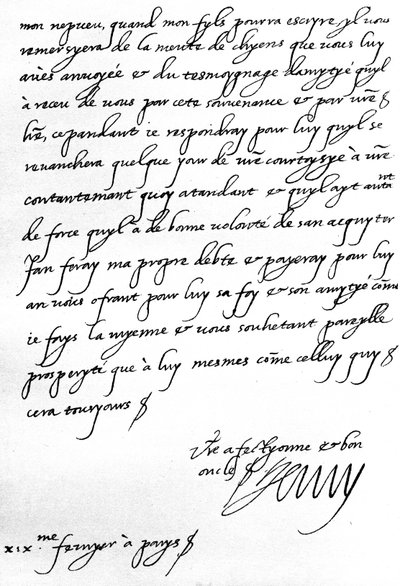 Brief van koning Hendrik IV van Frankrijk aan Henry, prins van Wales, waarin hij hem bedankt voor een geschenk van een roedel honden voor zijn zoon, de Dauphin, die te jong is om persoonlijk te schrijven, geschreven in Parijs door Unbekannt