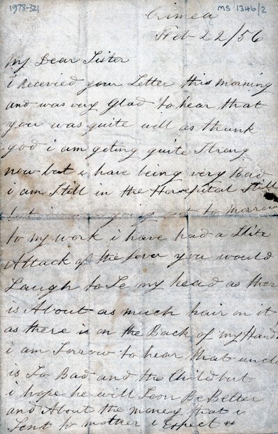 Brief van een soldaat in de Krim aan zijn zus, 22 februari 1856 door Unbekannt