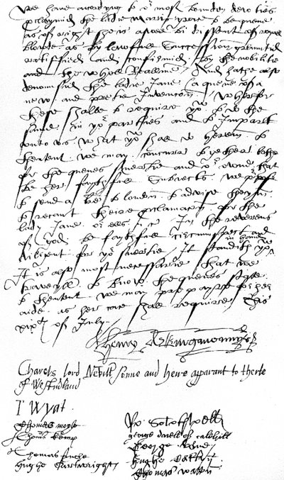 Brief van aanhangers van Koningin Maria I in Kent aan Sir Nicholas Pelham en de heren van Sussex, waarin de proclamatie van Lady Mary als Koningin wordt aangekondigd en Lady Jane Grey wordt veroordeeld door Unbekannt