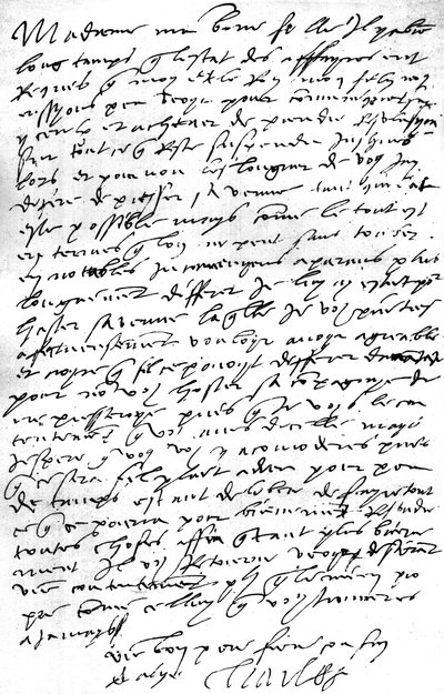 Brief, in het Frans, van Keizer Karel V. aan zijn schoondochter, Koningin Maria I van Engeland, waarin hij zijn verlangen uitdrukt om zijn zoon Koning Filips, haar echtgenoot, te zien om met hem te overleggen over zaken, en zijn spijt uitdrukt over de nood door Unbekannt