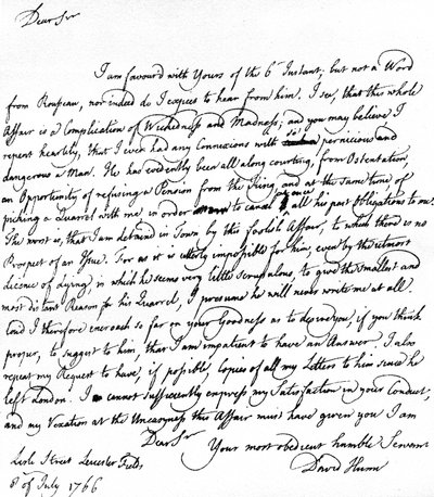 Brief geschreven door David Hume aan Richard Davenport over de grote moeilijkheden van zijn relatie met Jean-Jacques Rousseau, 8 juli door Unbekannt