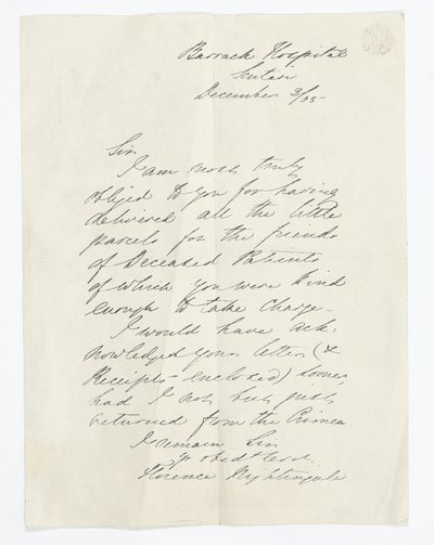 Brief geschreven door Florence Nightingale, terwijl ze in het Barrack Hospital in Scutari was (inkt op papier) door Unbekannt
