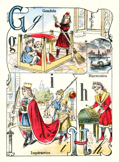 Letters G, I en H. Kinderen spelen gondel, keizerin en harmonica. Gravure in "Leuk Alfabet". Beelden van Pont-a-Mousson. Druk en uitgave Louis Vagne, eind 19e eeuw. door Unbekannt