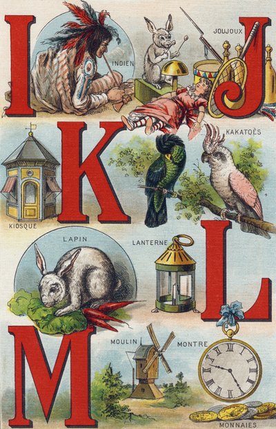 Letters I J K L; Indiaan; Joujoux; Kakatoes; Kiosk; Lantaarn; Konijn; Horloge Munten; Molen door Unbekannt