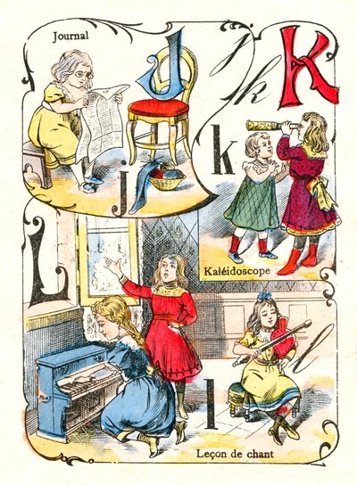 Letters J K en L zoals journaal, caleidoscoop en zingende les. Gravure in "Leuk Alfabet". Beelden van Pont-a-Mousson. Druk en uitgave Louis Vagne, eind 19e eeuw. door Unbekannt