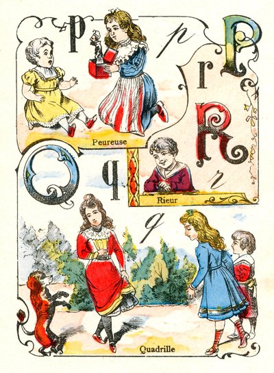 Letters P Q en R zoals angstig, lachen en quadrille. Gravure in "Leuk Alfabet". Beelden van Pont-a-Mousson. Druk en uitgave Louis Vagne, eind 19e eeuw. door Unbekannt