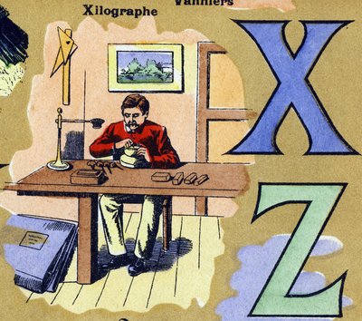Letters X en Z als een xilografie. Graveur maakt houtsneden. Geïllustreerd alfabet. Beelden verenigd in Jarville-Nancy, begin 20e eeuw. Dim: 40 x 29 cm. Lithografie op een bistre achtergrond door Unbekannt