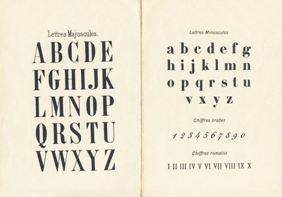 Hoofdletters, kleine letters, Arabische en Romeinse cijfers - Gravure uit ABCD des petites filles, Pellerin & Cie, Epinal, circa 1890 door Unbekannt
