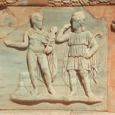 Libië, Historisch Tripolitanië, Oud Sabratha, Theater, Detail van reliëf door William M. Timlin