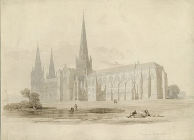 Lichfield Cathedral - Zuidoostaanzicht: tekening en was, nd [?19e eeuw] door Unbekannt