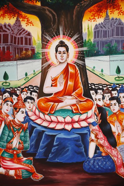 Leven van de Boeddha. Onderwijs aan de mensen elke avond, Siem Reap, Cambodja door Unbekannt