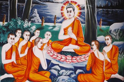 Leven van de Boeddha. Boeddha trainde zijn discipelen in de kunst van het vragen stellen, Siem Reap, Cambodja door Unbekannt