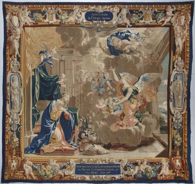 Leven van de Maagd: "De Annunciatie" We zien God en de duif van de Heilige Geest (Heilige Geest) boven de scène - Wol- en zijden tapijt gemaakt in de werkplaats van Pierre Damour naar tekeningen van Charles Poerson (1609-1667) door Unbekannt