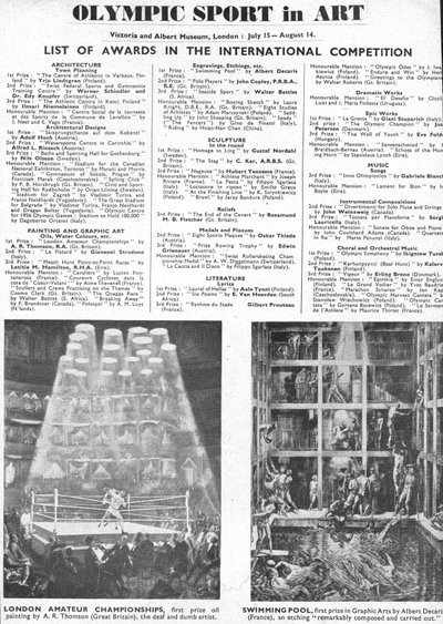 Lijst van winnaars van prijzen voor architectuur, kunst, beeldhouwkunst, literatuur, drama en muziek op de Olympische Spelen van Londen 1948 (litho) door Unbekannt
