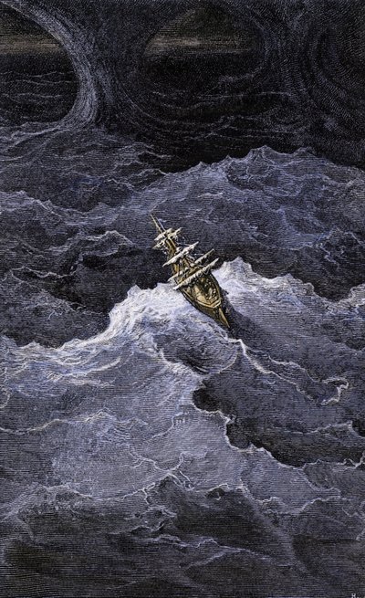 Literatuur: Boot in het midden van de zee. Illustratie van de roman door Samuel Taylor Coleridge (1772-1834) 