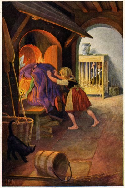 Literatuur. Sprookje. Hans en Grietje en de heks. Illustratie door Otto Kubel voor het sprookje van de Gebroeders Grimm. Ansichtkaart, Duitsland, ca. 1900 door Unbekannter Künstler