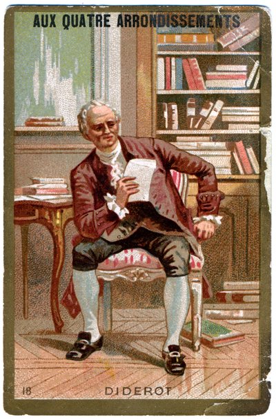 Literatuur. De Franse filosoof Denis Diderot. Afbeelding van het Parijse warenhuis: Aux Quatre Arrondissements, Frankrijk, ca. 1900 door Unbekannter Künstler
