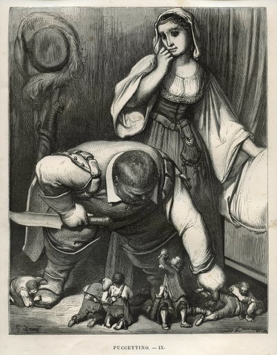 Klein Kippetje en zijn broers smeekten de reus hen niet te doden. Gravure door Gustave Doré (1832-1883) uit 