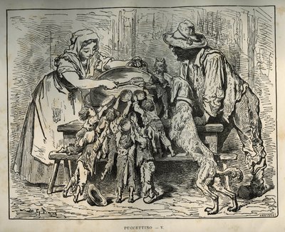 Klein Kippetje en zijn hongerige broers. Gravure door Gustave Doré (1832-1883) uit 