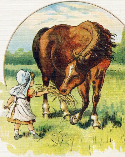 Klein meisje geeft hooi aan een paard. Gravure in "ABC L