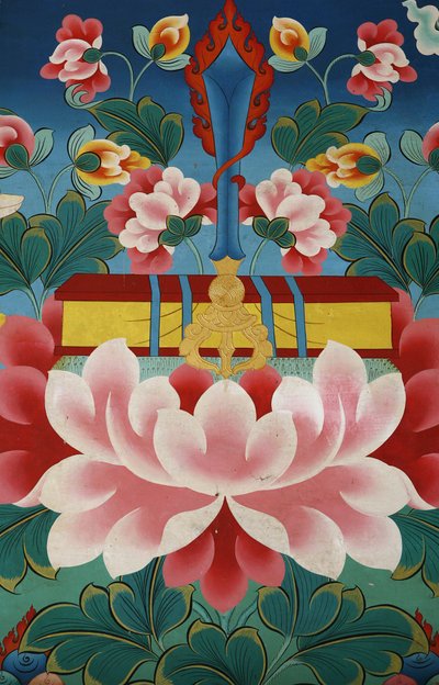 Lotusbloem, zwaard van kennis en heilige tekst. Kopan klooster, Kathmandu, Nepal door Unbekannt