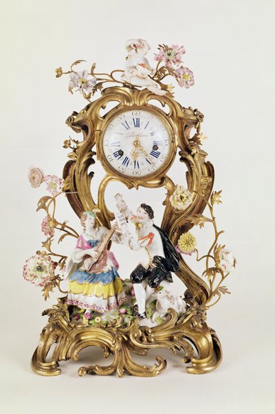 Louis XV verguld bronzen en porseleinen klok, met Meissen figuren door Unbekannt